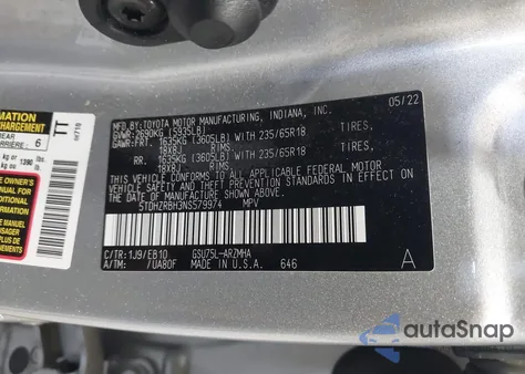 2022 Toyota Highlander Xle из США, поврежденный, VIN 5TDHZRBH3NS579974